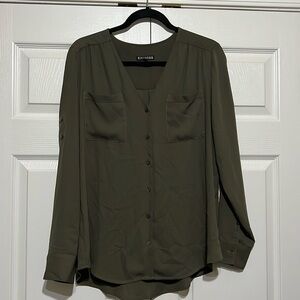 Olive Green V Neck Button Down Express Blouse
